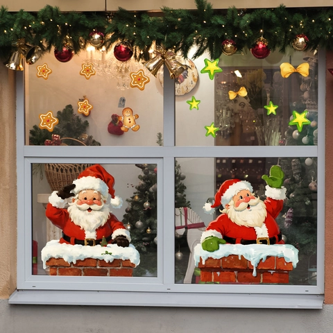 Watercolor Christmas Window Stickers Santa Claus Gingerbread Man Pattern PVC Static Wall Decals For Holiday Glass Home Decoration