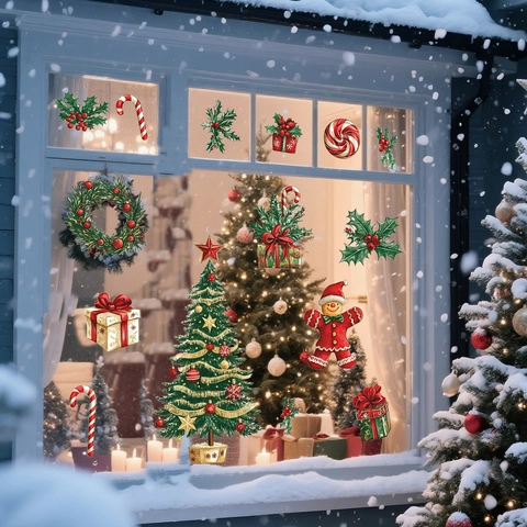 Weihnachtsbaum Fensteraufkleber Doppelseitig Sichtbar Selbstklebend PVC Wandtattoo Für Glastür Feiertag Party Deko