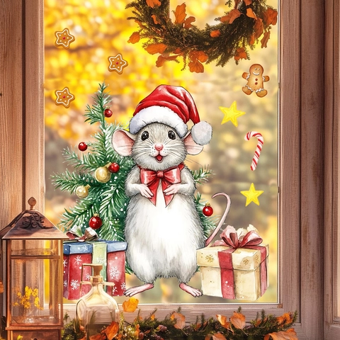 Christmas Window Stickers PVC Double Sided Animal Raccoon Squirrel Rabbit Self Adhesive Holiday Glass Wall Decals Home Decoration