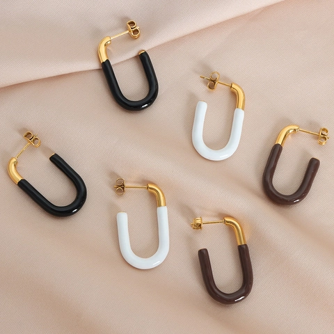 Orecchini A Cerchio A Forma Di U Geometrici Acciaio Inossidabile Placcato Oro Smalto Bicolore Gioielli Moda Per Donna