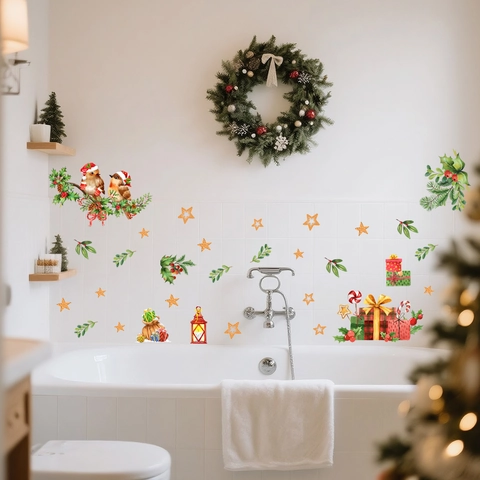 Christmas Window Stickers PVC Double Sided Visible Wall Decals Santa Reindeer Bird Pinecone Festive Home Glass Decoration