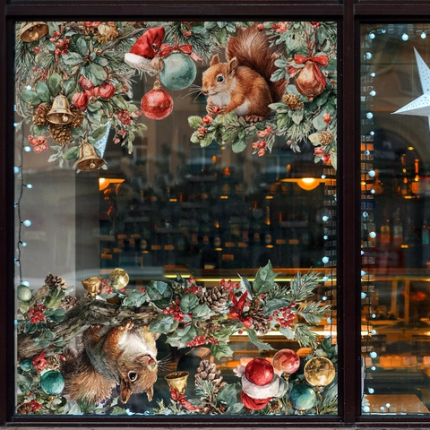Christmas Window Stickers Static Cling PVC Reusable Decals Squirrel Cat Dog Pine Branch Xmas Festival Home Decor