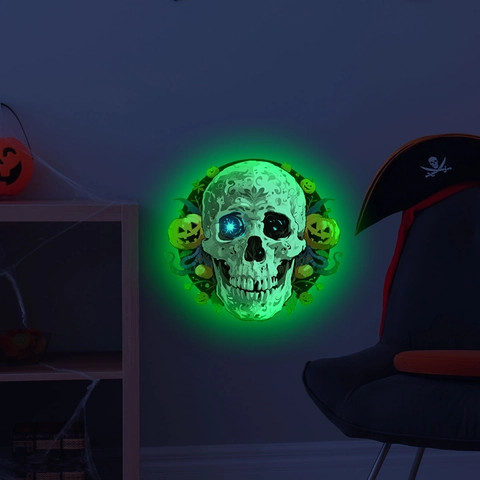 Stickers Muraux Lumineux Halloween Glow In The Dark Crâne Citrouille Chauve-souris Fantôme PVC Autocollant pour Décoration de Fête Maison