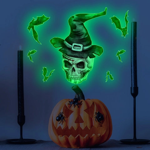 Stickers Muraux Lumineux Halloween Glow In The Dark Crâne Citrouille Chauve-souris Fantôme PVC Autocollant pour Décoration de Fête Maison