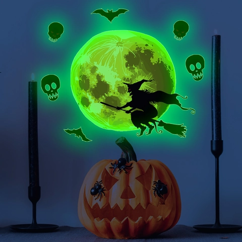 Adesivi Murali Luminosi di Halloween Fluorescenti Strega Luna Pipistrello Teschio Zucca PVC Decorazione Casa