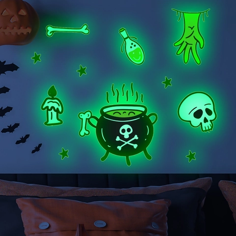 Adesivi Murali Luminosi di Halloween Fluorescenti Strega Luna Pipistrello Teschio Zucca PVC Decorazione Casa
