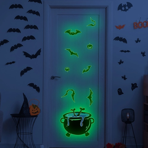 Leuchtende Halloween Wandaufkleber PVC Glow In The Dark Geist Kürbis Katze Hexenkessel Dekoration Für Zuhause Grusel Party