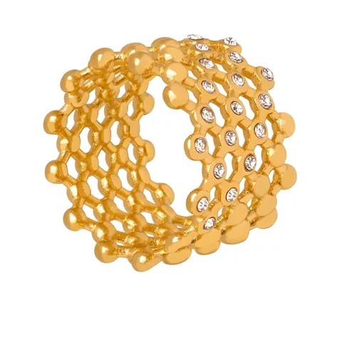 Honingraat Gaas Holle Ring 18K Verguld Titaniumstaal Tsjechische Strass Brede Band Geometrische Retro Sieraden Voor Dames