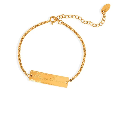 Happy Forever Graviertes Rechteckiges Plattenarmband 18K Vergoldet Titanstahl Minimalistischer Schmuck Für Damen