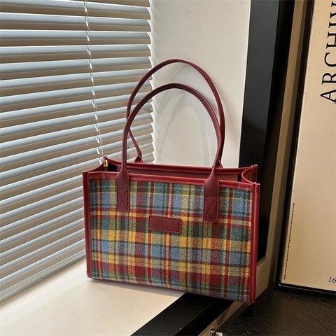 Large Capacity Geometric Plaid Print Tote Bag For Women Nylon Vintage Underarm Shoulder Bag Fashion Casual Daily Handbag