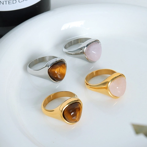 Minimalist Titanium Steel Ring With Natural Triangle Tiger Eye Rose Quartz 18K Gold Plated Statement Ring Jewelry For Women