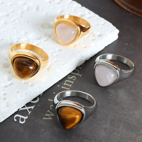 Minimalist Titanium Steel Ring With Natural Triangle Tiger Eye Rose Quartz 18K Gold Plated Statement Ring Jewelry For Women