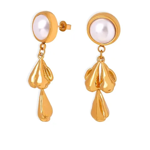 French Retro High Gloss Shell Artificial Pearl Dangle Earrings Titanium Steel 18K Gold Plated Baroque Style Jewelry For Women