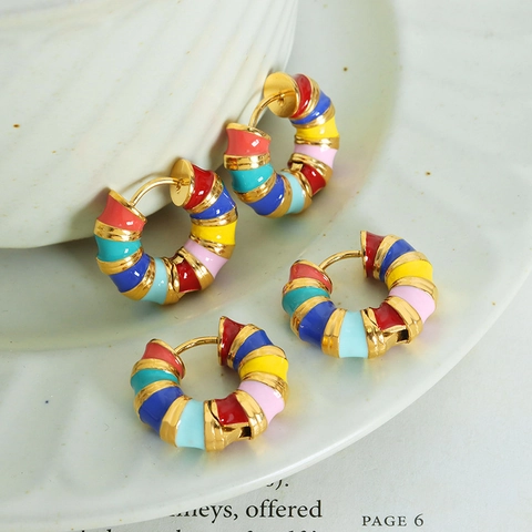 Pendientes De Aro De Esmalte Colorido Vintage En Forma De C De Acero Inoxidable Moda Dopamina