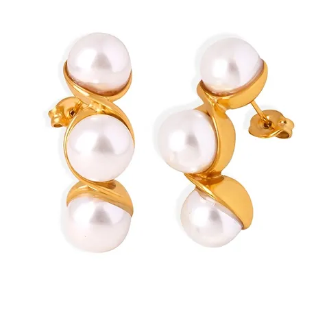 French Retro S-Shape Wave Artificial Pearl Stud Earrings For Women Elegant Stainless Steel Jewelry With Glass Beads