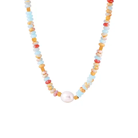 Collana di Perline in Pietra Naturale Multicolore Bohemian Con Grande Perla Barocca d'Acqua Dolce Catena in Titanio Oro