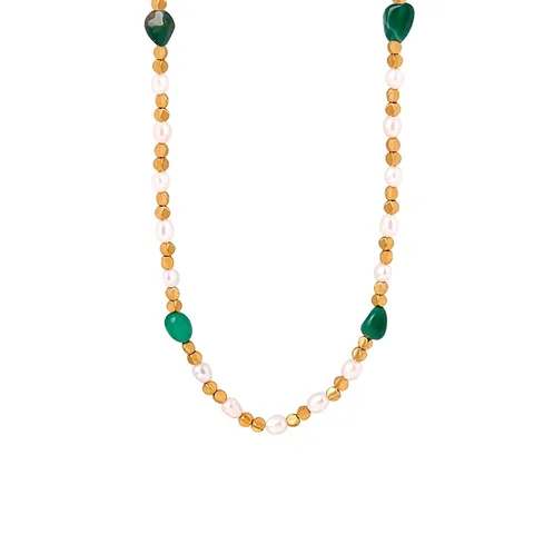 Beaded Necklace With Natural Stone And Freshwater Pearl Titanium Steel 18K Gold Plated Vintage Elegant Women Jewelry