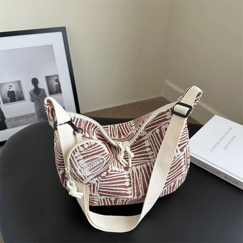 Women Geometric Plaid Pattern Nylon Hobo Bag Large Capacity Wide Strap Shoulder Crossbody Bag With Round Coin Purse Tote
