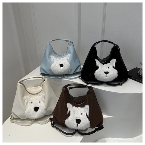 Süße Hunde Tragetasche Damen PU Leder Plüsch Schnauzer Patch Umhängetasche Große Kapazität Hobo Tasche Für Schule Alltag