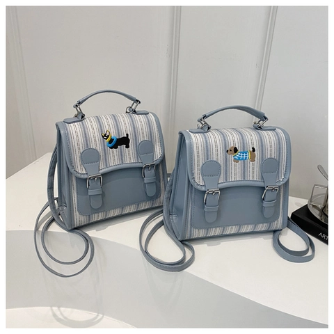 Damen Mode Gestreifter Rucksack Mit Hunde Stickerei Retro PU Leder Spleißen Handtasche Mini Reise Schultertasche Für Schule