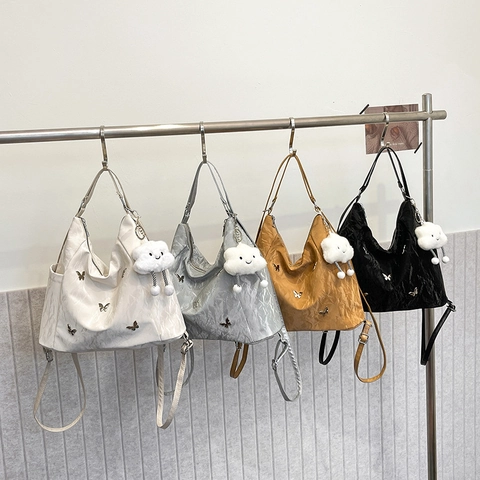 Women's Pleated PU Leather Tote Bag Butterfly Decoration Multi-purpose Shoulder Bag Crossbody Backpack For Casual Commute