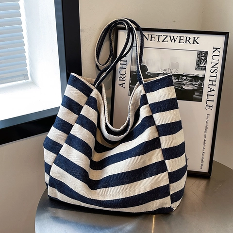 Borsa Tote da Donna in Tela a Righe Grande Capacità Blu Navy Nero Bianco Borsa a Tracolla a Righe Stile Coreano Shopping Bag