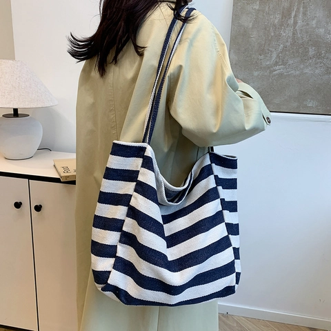 Borsa Tote da Donna a Righe in Tela di Grande Capacità Borsa a Tracolla Urbana Minimalista Shopping Bag Casual