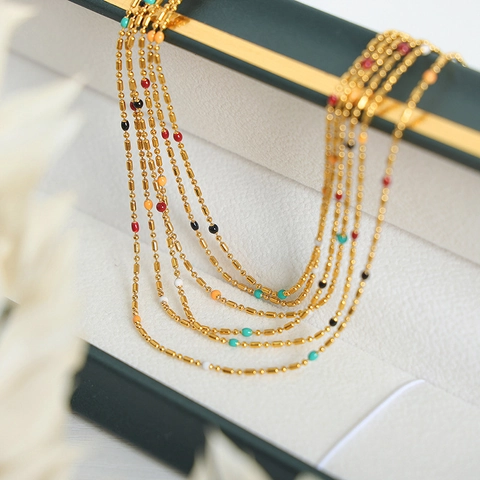 Retro Minimalist Stainless Steel Necklace 18K Gold Plated Colorful Enamel Beads Bamboo Cylindrical Link Jewelry For Women