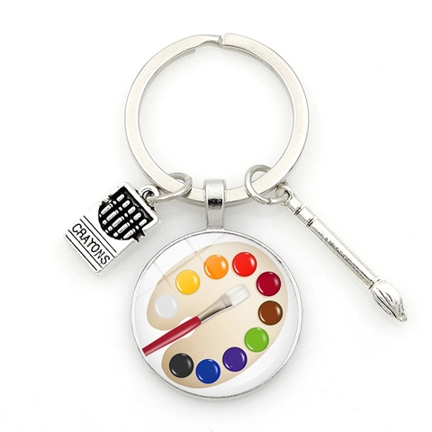 Artistic Paint Palette Paintbrush Keychain Glass Cabochon Zinc Alloy Crayon Box Charms For Artists Students Bags Hanging Jewelry