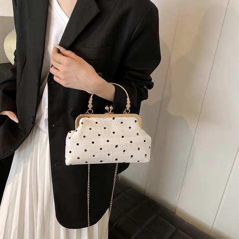 French Vintage Polka Dot Lace Shell Handbag With Metal Handle Gold Chain Crossbody Bag For Women Party Evening Shoulder Bag