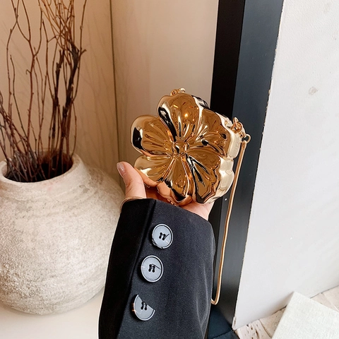 Flower Shaped Evening Bag Metallic Mirror Plated Clutch With Snake Chain Strap For Women Wedding Party Dinner
