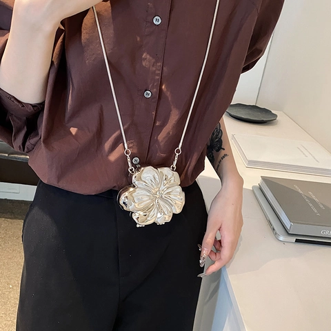 Flower Shaped Evening Bag Metallic Mirror Plated Clutch With Snake Chain Strap For Women Wedding Party Dinner