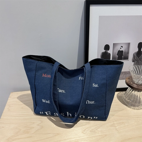 Dames Grote Capaciteit Denim Canvas Draagtas Retro Letters Print Minimalistisch Woon-werkverkeer Schouder Handtas