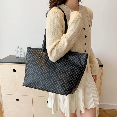 Borsa Tote da Donna in Pelle PU Grande Capacità Vintage Geometria Monogramma Stampa Borsa a Spalla Urban Minimalista Casual Lavoro