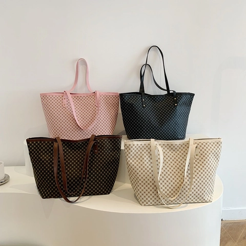 Borsa Tote da Donna in Pelle PU Grande Capacità Vintage Geometria Monogramma Stampa Borsa a Spalla Urban Minimalista Casual Lavoro