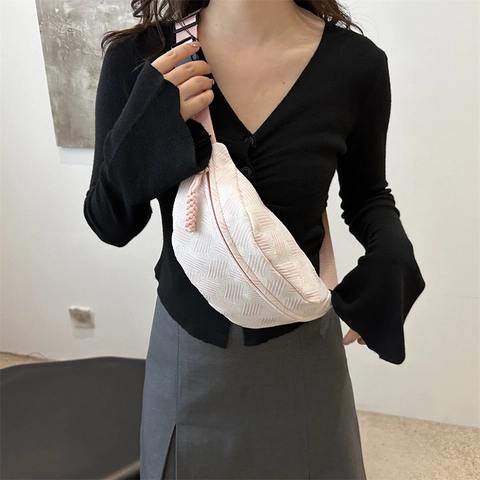 Marsupio da Donna Leggero in PU con Texture Intrecciata Borsa da Petto per Viaggi Quotidiani Borsa a Tracolla Geometrica