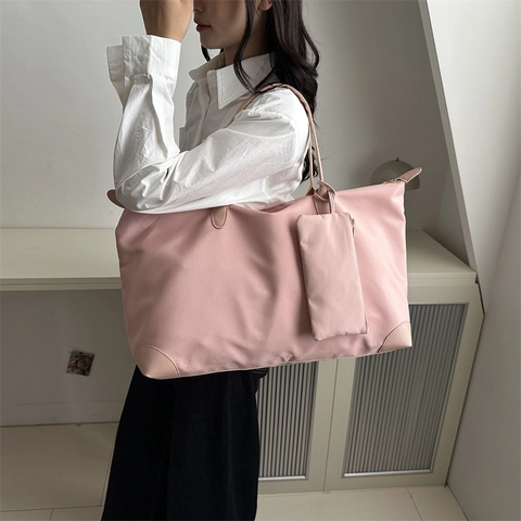 Bolso De Mano Mujer Gran Capacidad Y Bolsa Pequeña Nylon Impermeable Ribete De Cuero Sintético Viaje Oficina Simple