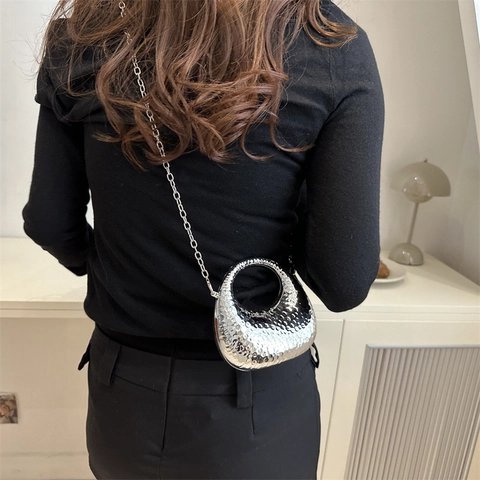 Bolso de Noche Metálico de Moda para Mujer Con Correa de Cadena Espejo Martillado Mini Bolso Bandolera para Fiesta Banquete Joyería