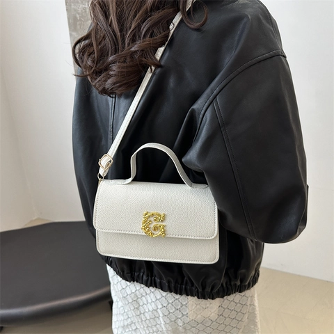 Women Shoulder Bag PU Leather Lychee Pattern Gold Metal Buckle Small Square Handbag Crossbody Bag For Daily Use