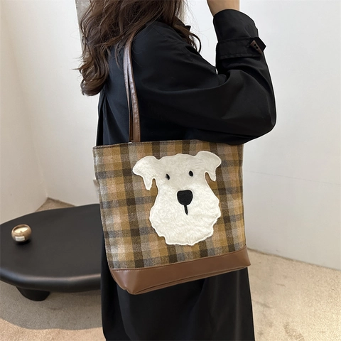 Borsa Tote a Quadri di Grande Capacità per Donna Con Toppa Animale Cartone Animato Pelle PU Tessuto Borsa a Spalla