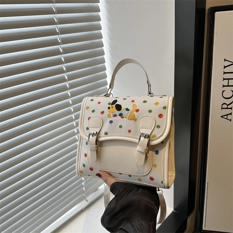 Sac Bandoulière Mignon pour Femmes à Pois Colorés Broderie Chien Dessin Animé en Cuir PU Sac à Main Cabas Décontracté