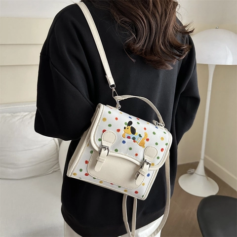 Sac Bandoulière Mignon pour Femmes à Pois Colorés Broderie Chien Dessin Animé en Cuir PU Sac à Main Cabas Décontracté