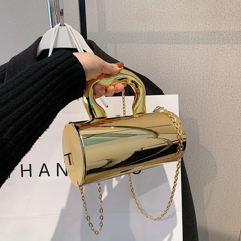 Borsa Clutch Cilindrica in Acrilico da Donna Manico Scultoreo Borsa a Mano Metallizzata a Specchio Sera Festa Matrimonio