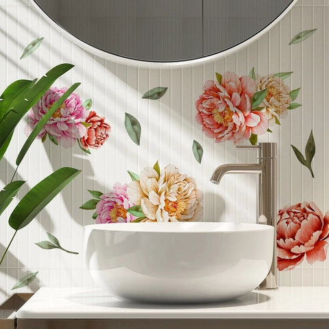 Adesivi Murali Fiori Di Peonia Impermeabile PVC Rimovibile Decalcomanie Bagno Floreale Dipinto A Mano Per Lavabo Vasca Da Bagno