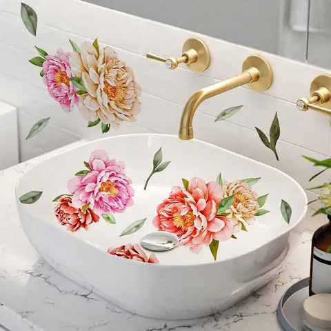 Adesivi Murali Fiori Di Peonia Impermeabile PVC Rimovibile Decalcomanie Bagno Floreale Dipinto A Mano Per Lavabo Vasca Da Bagno