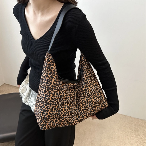 Damen Große Kapazität Leopardenmuster Canvas Tote Tasche Vintage Hobo Schultertasche Mit Magnetverschluss Täglich Mode Lässige Tasche