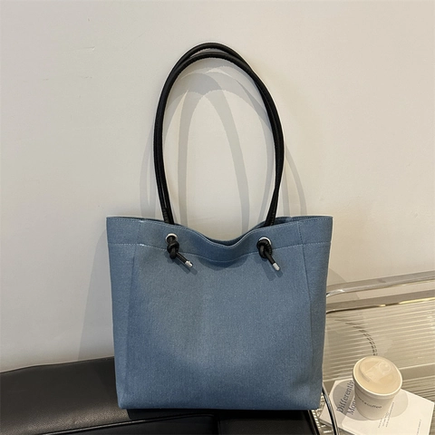 Bolso Tote de Mezclilla y Lona Minimalista para Mujer Gran Capacidad Bolso de Hombro Con Asas de Cuerda Anudada Casual Diario