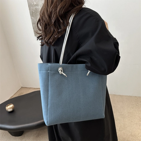 Bolso Tote de Mezclilla y Lona Minimalista para Mujer Gran Capacidad Bolso de Hombro Con Asas de Cuerda Anudada Casual Diario