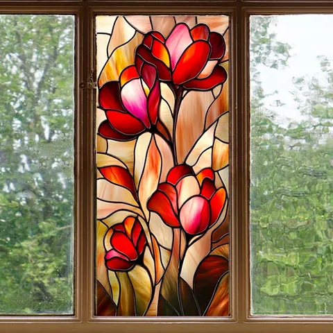 Stained Glass Style Window Film PVC Static Cling Both Sides Retro Red Tulip Floral Decorative Privacy Sticker
