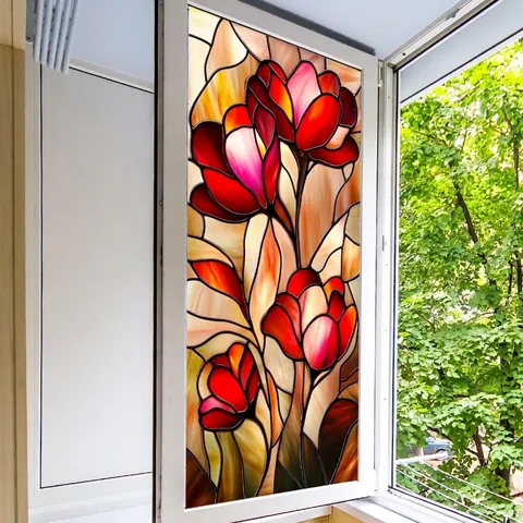 Stained Glass Style Window Film PVC Static Cling Both Sides Retro Red Tulip Floral Decorative Privacy Sticker